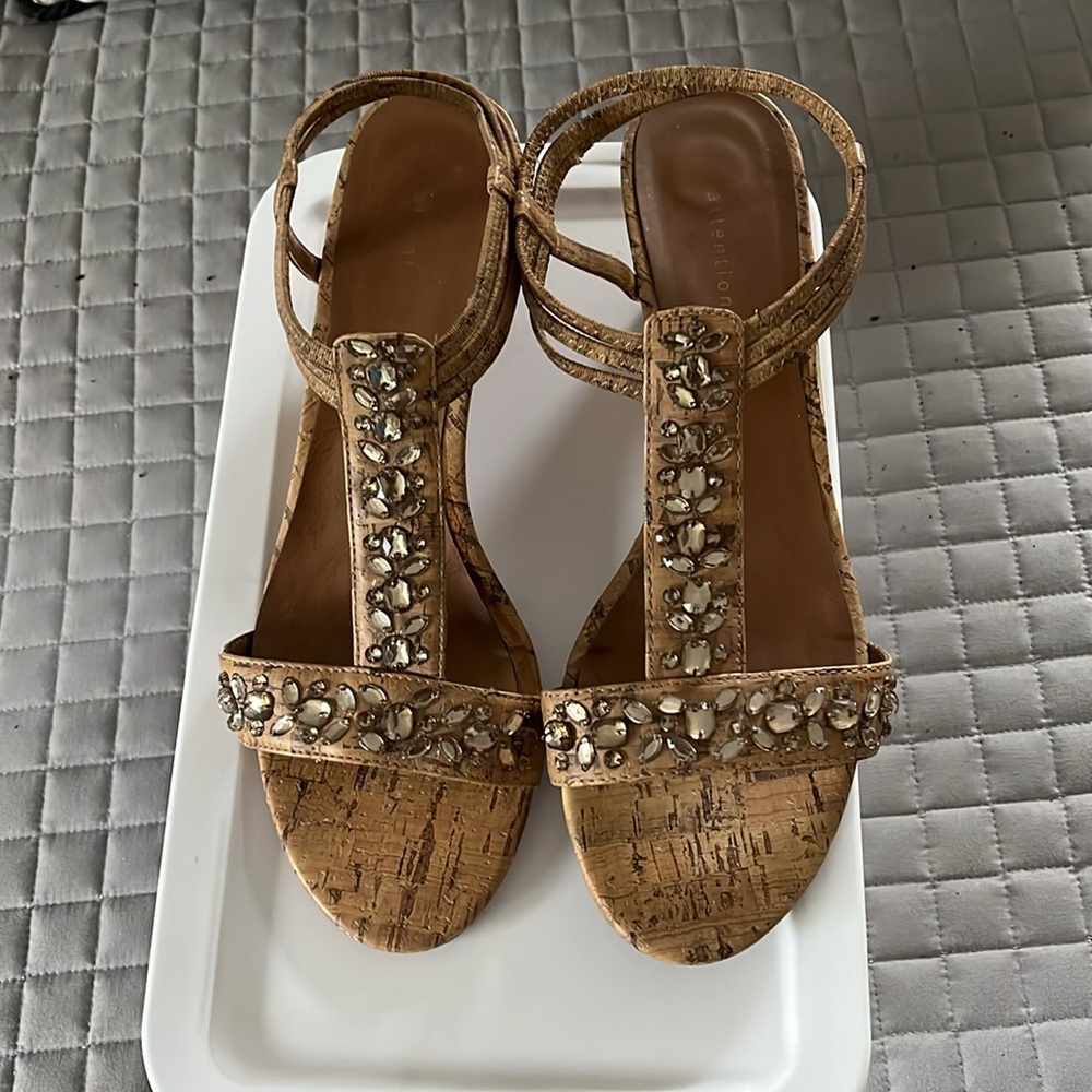 Attention Tan Wedge Sandals with Cork Heel - Picture 3 of 9